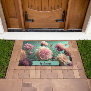 Vintage peonies in pink and burgundy, custom doormat