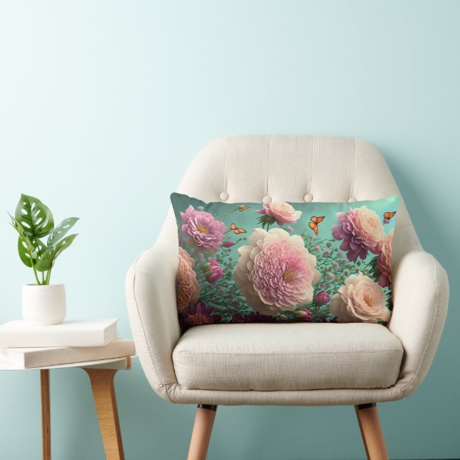 Vintage peonies in pink and burgundy lumbar pillow (Chair)