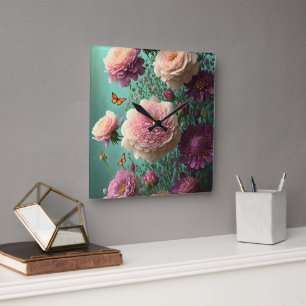 Vintage peonies in pink and burgundy square wall clock