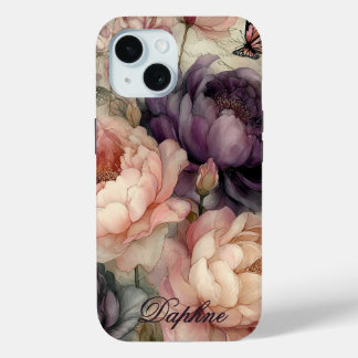 Vintage Peonies in Pink and Purple Personalized  iPhone 15 Case