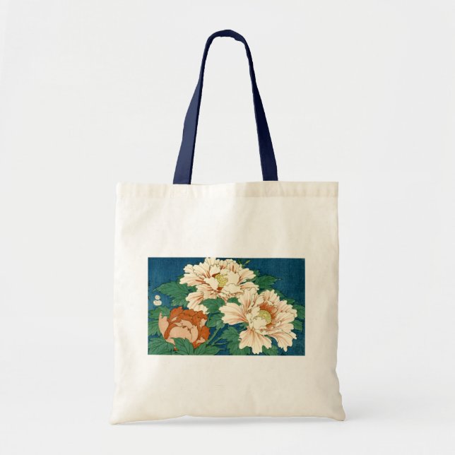 Vintage Peonies on Blue Tote Bag (Front)
