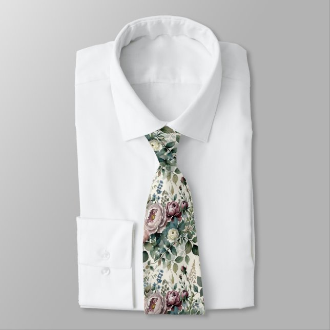 Vintage Peonies, Roses & Forget-Me-Nots Seamless Neck Tie (Tied)