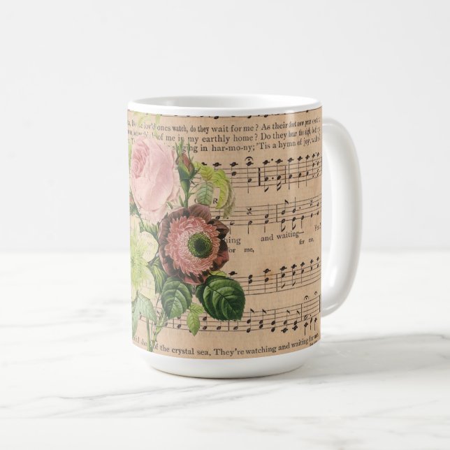 Vintage Peonies & Sheet Music Coffee Mug (Front Right)
