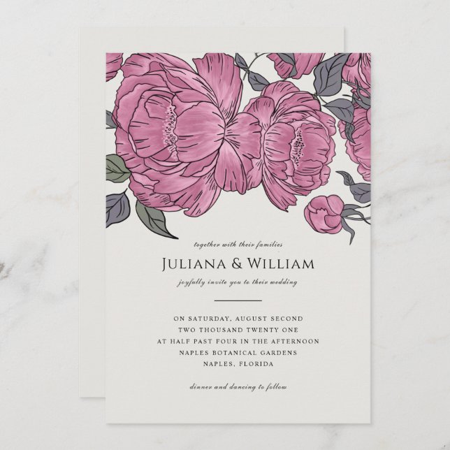 Vintage Peonies Wedding Invitation (Front/Back)