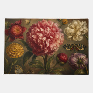 Vintage Peony and Butterfly Botanical Oil Painting Doormat