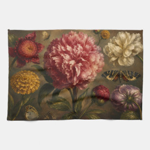 Vintage Peony and Butterfly Botanical Oil Painting Kitchen Towel