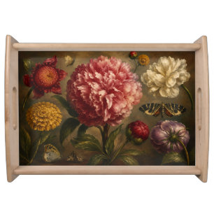 Vintage Peony and Butterfly Botanical Oil Painting Serving Tray