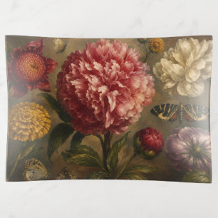 Vintage Peony and Butterfly Botanical Oil Painting Trinket Tray