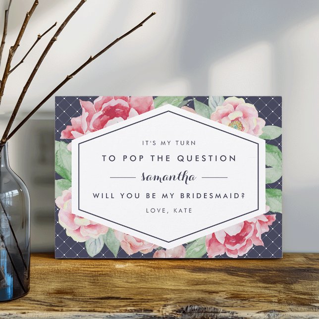 Vintage Peony Be My Bridesmaid Card | Navy (Creator Uploaded)