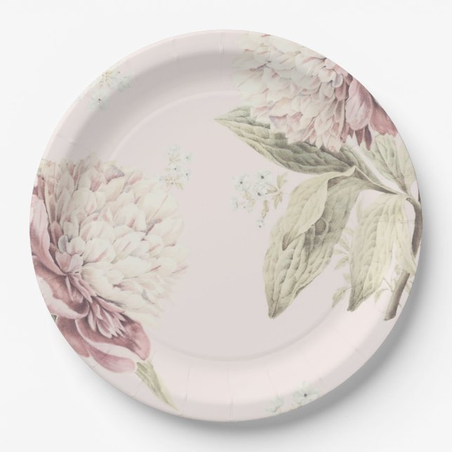 Vintage Peony Botanical Fine art Wedding Paper Plates (Front)