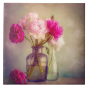 Vintage Peony Bouquet in Glass Vases Ceramic Tile