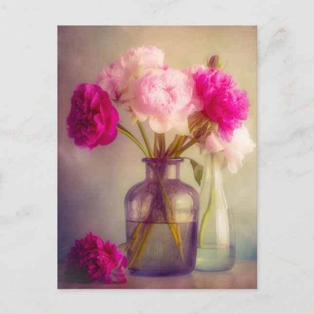Vintage Peony Bouquet in Glass Vases Postcard (Front)