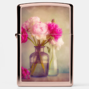 Vintage Peony Bouquet in Glass Vases Zippo Lighter