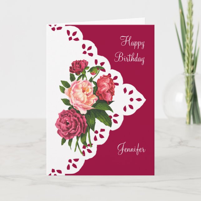 Vintage Peony Flower Custom Name Birthday Card (Front)
