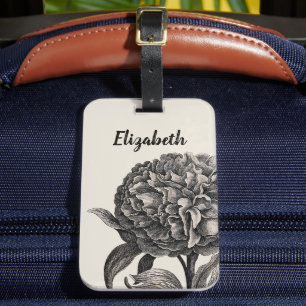 Vintage Peony Flower Elegant Monochrome Botanical Luggage Tag