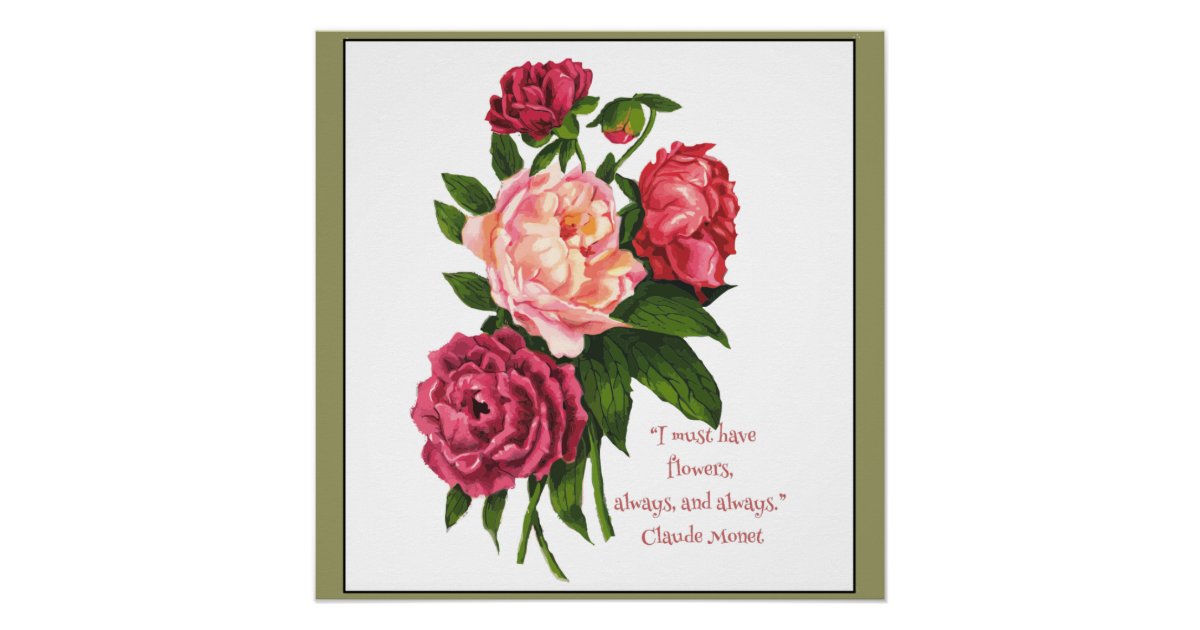 Vintage Peony Flower Monet Quote in Red, Pink Poster | Zazzle.com