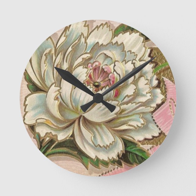 Vintage Peony Flower Round Clock (Front)
