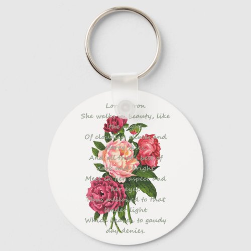 Vintage Peony Flowers Romantic Byron Poem Keychain