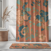 Vintage Peony Flowers Terracotta Teal Aqua