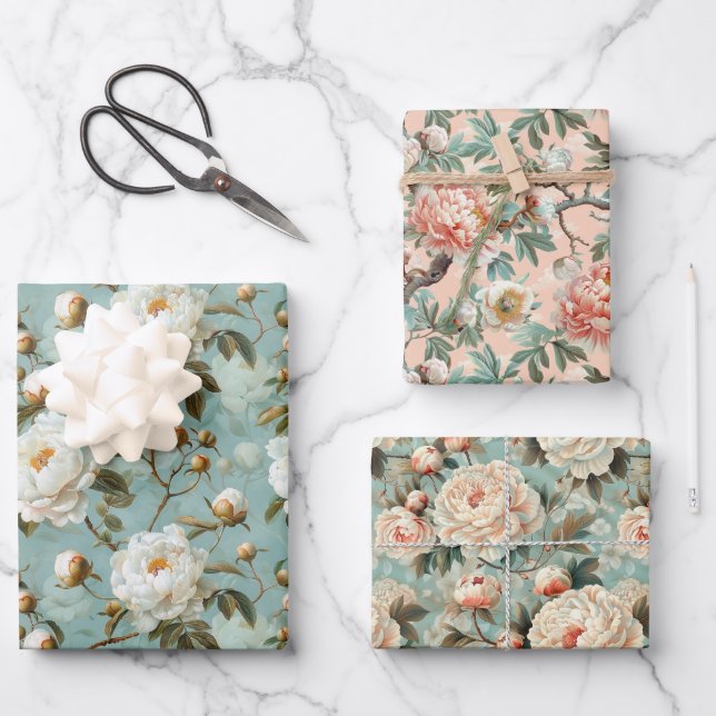 Vintage Peony Flowers  Wrapping Paper Sheets (Front)