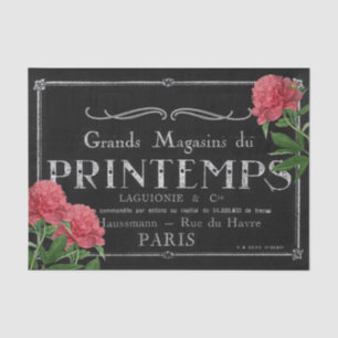Vintage Peony French Typography Black Decoupage Tissue Paper