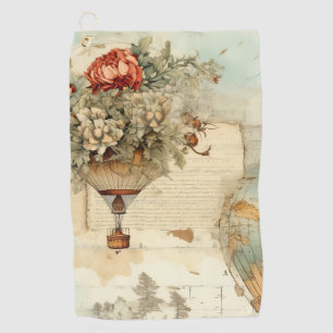 Vintage Peony Hot Air Balloon Antique Map Golf Towel