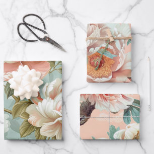 Vintage Peony Pastel Floral Gift Wrapping Paper Sheets