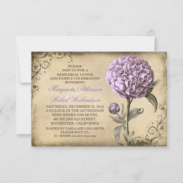vintage peony REHEARSAL LUNCH & FAMILY CELEBRATION Invitation (Front)