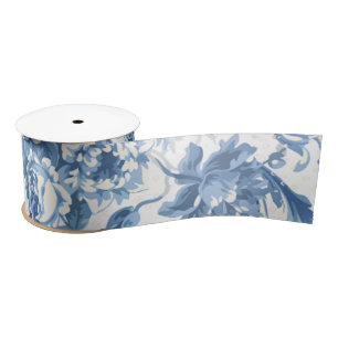Vintage Peony Rose Floral Delft Blue White Bridal Satin Ribbon