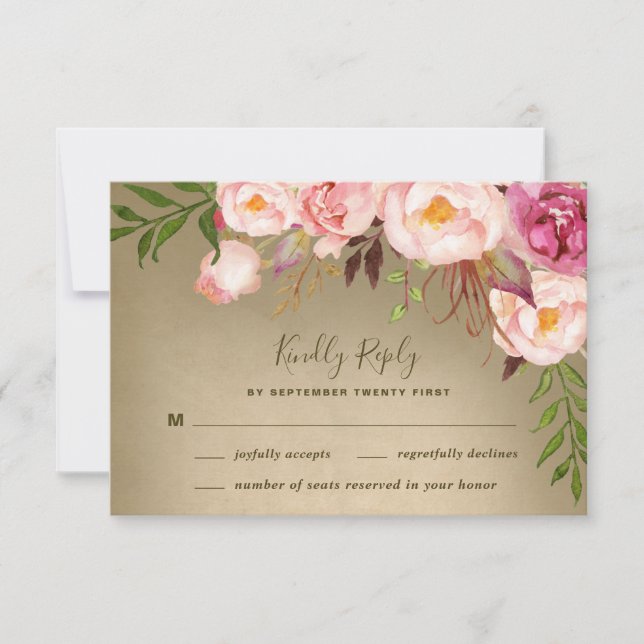 Vintage Peony Rustic Blush Wedding RSVP Cards (Front)