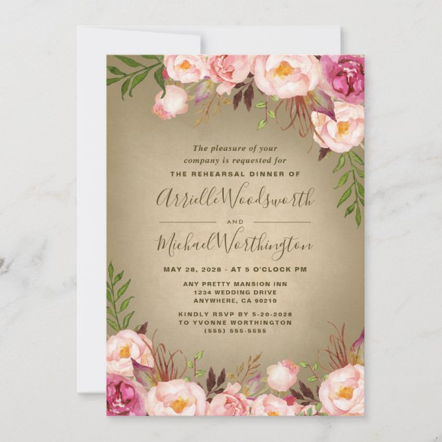 Vintage Peony Rustic Rehearsal Dinner Invitations (Front)