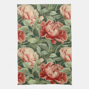 Vintage Peony Tea Towel In Coral, Blush & Sage 