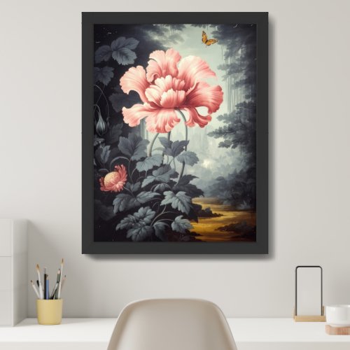 Vintage peony with butterfly retro moody colors framed art