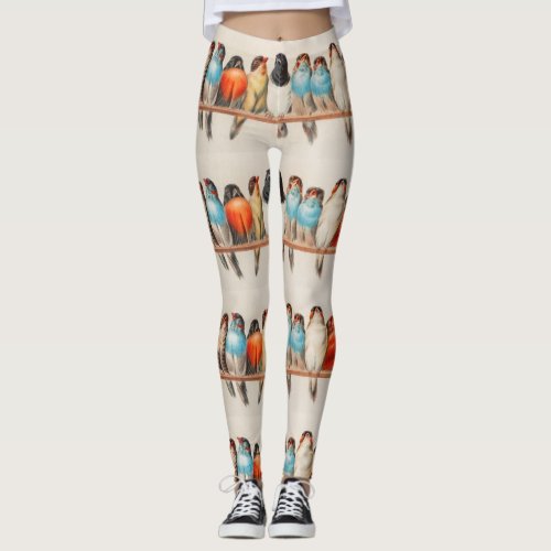 Vintage Perch of Birds Colorful Leggings