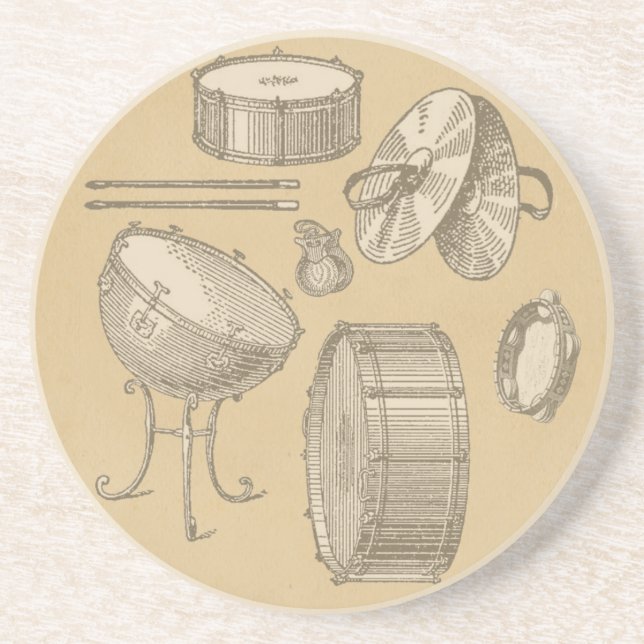 Vintage Percussion Instruments on Parchment Look Sandstone Coaster (Front)