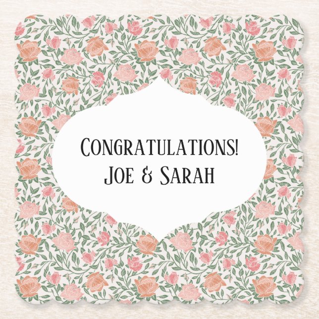 Vintage Perfect Pink & Peach Roses Paper Coaster (Front)