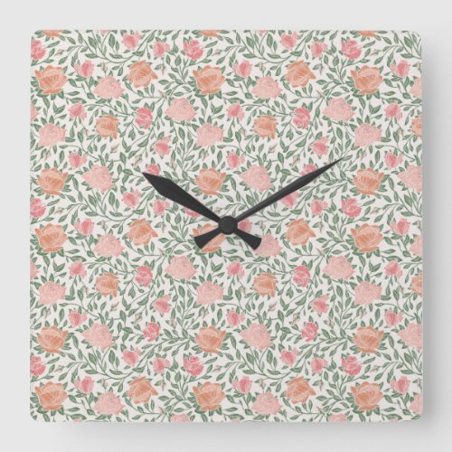 Vintage Perfect Pink  Peach Roses Square Wall Clock