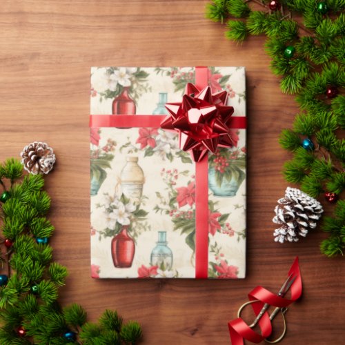 Vintage perfume bottles Christmas florals Wrapping Paper