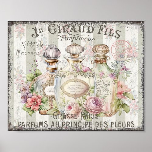 Vintage Perfume Bottles Roses French Script Poster