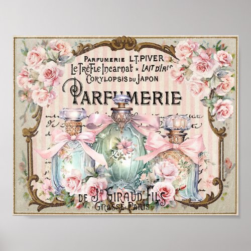 Vintage Perfume Bottles Roses French Script Poster