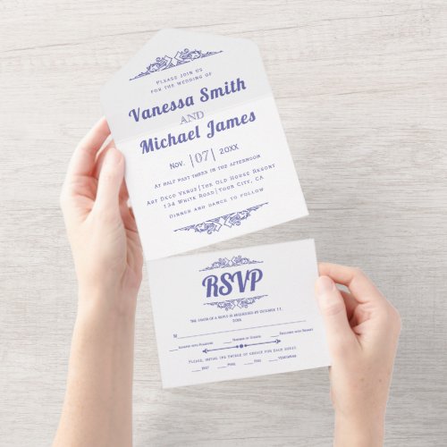 Vintage periwinkle blue typography wedding all in one invitation