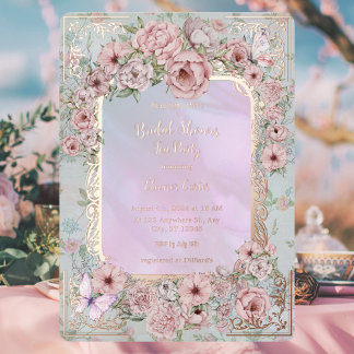 Vintage Periwinkle Peony Bridal Shower Tea Party Foil Invitation
