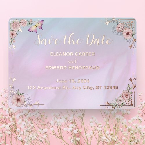 Vintage Periwinkle Peony Foil Save The Date Card