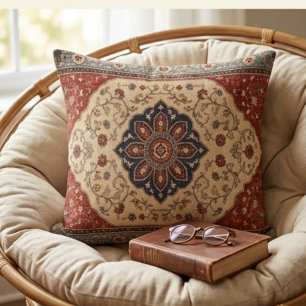 Vintage Persian Floral Rug Burgundy & Navy Orienta Throw Pillow