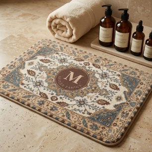 Vintage Persian Floral Warm Ivory and Muted Blue Bath Mat