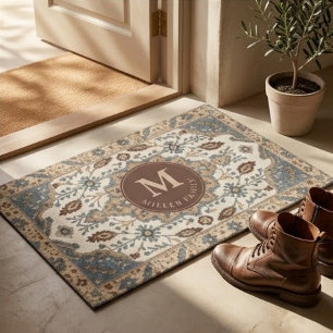 Vintage Persian Floral Warm Ivory and Muted Blue Doormat