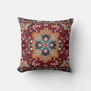 Vintage Persian Rug Pattern in Rust Red and Teal Throw Pillow