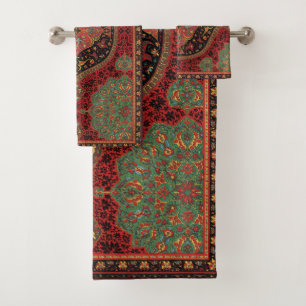 Vintage Persian Rug Pattern Red Green Arabesque Bath Towel Set