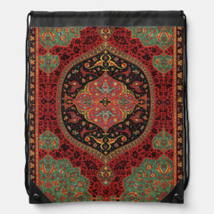Vintage Persian Rug Pattern Red Green Arabesque Drawstring Bag