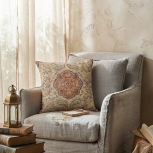 Vintage Persian Terracotta Floral Medallion Throw Pillow